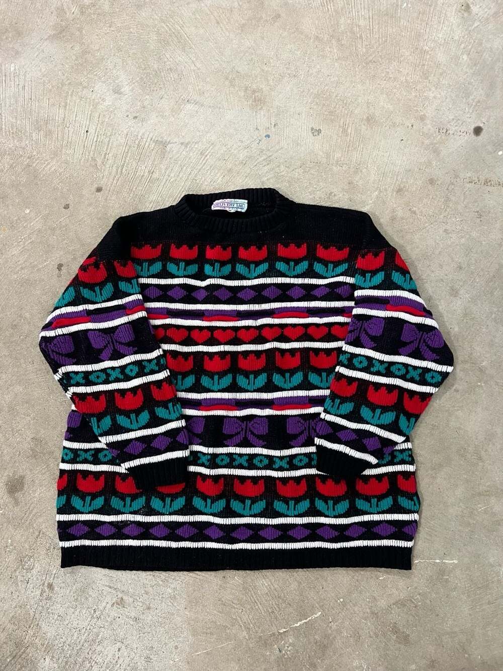 Delivery Ltd USA Vintage 80s Knit Sweater Mens M Colorful Pattern Made USA